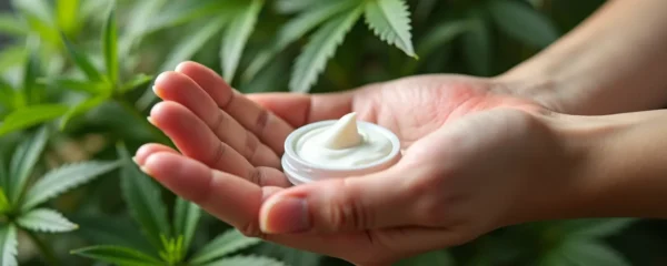 Illustration représentant une main humaine appliquant une crème sur une peau sensible, entourée d'éléments végétaux naturels évoquant le cannabis et la douceur
