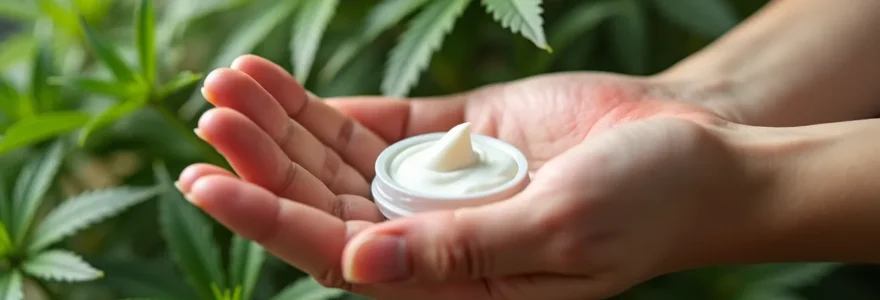 Illustration représentant une main humaine appliquant une crème sur une peau sensible, entourée d'éléments végétaux naturels évoquant le cannabis et la douceur