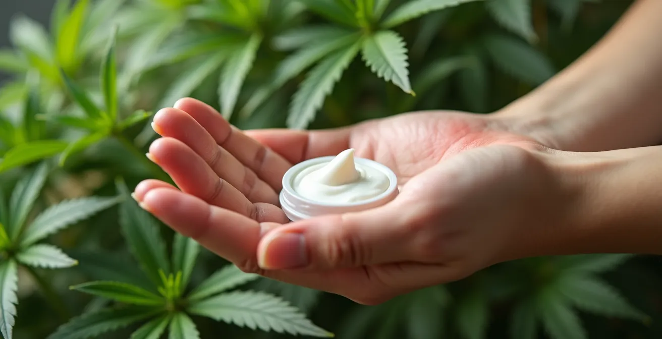 Illustration représentant une main humaine appliquant une crème sur une peau sensible, entourée d'éléments végétaux naturels évoquant le cannabis et la douceur