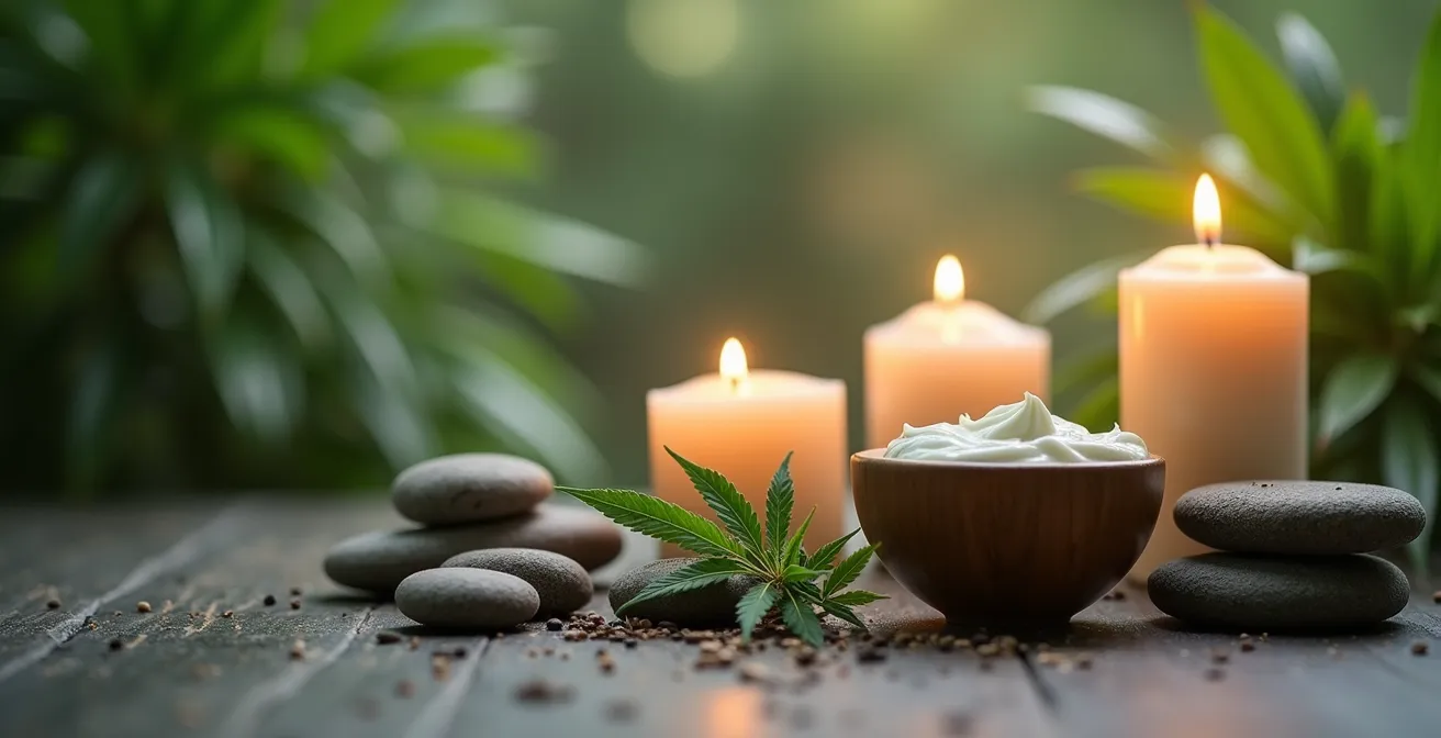 Composition zen avec éléments apaisants et naturels symbolisant bien-être et soin de la peau
