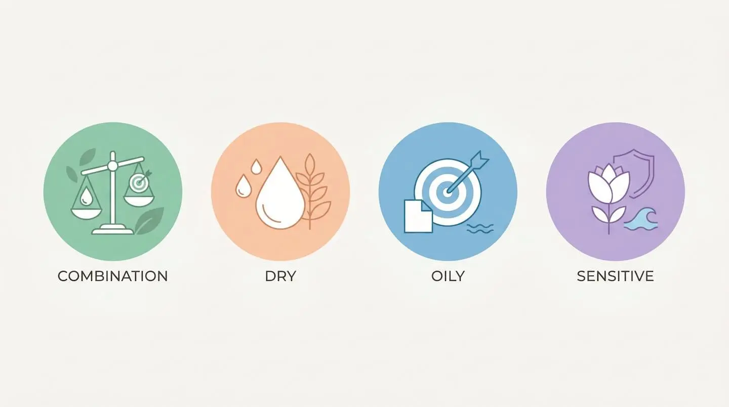 Illustration des quatre types de peau avec leurs besoins spécifiques en cosmétiques