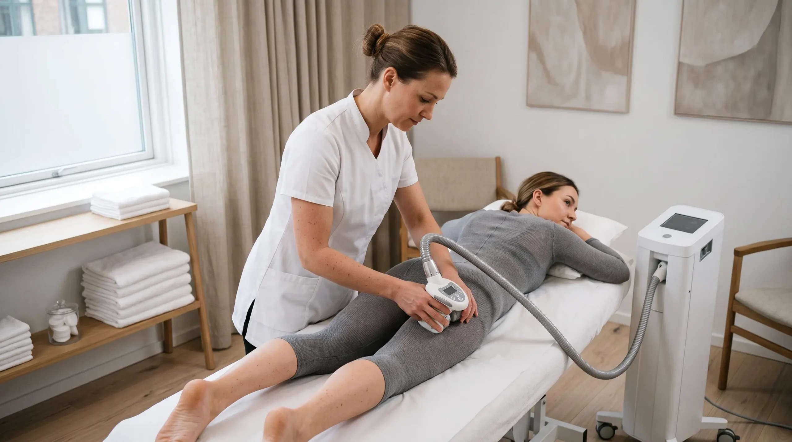 Une praticienne réalise une séance d'endermologie au roller mécanique sur une cliente allongée dans une cabine de soin esthétique.