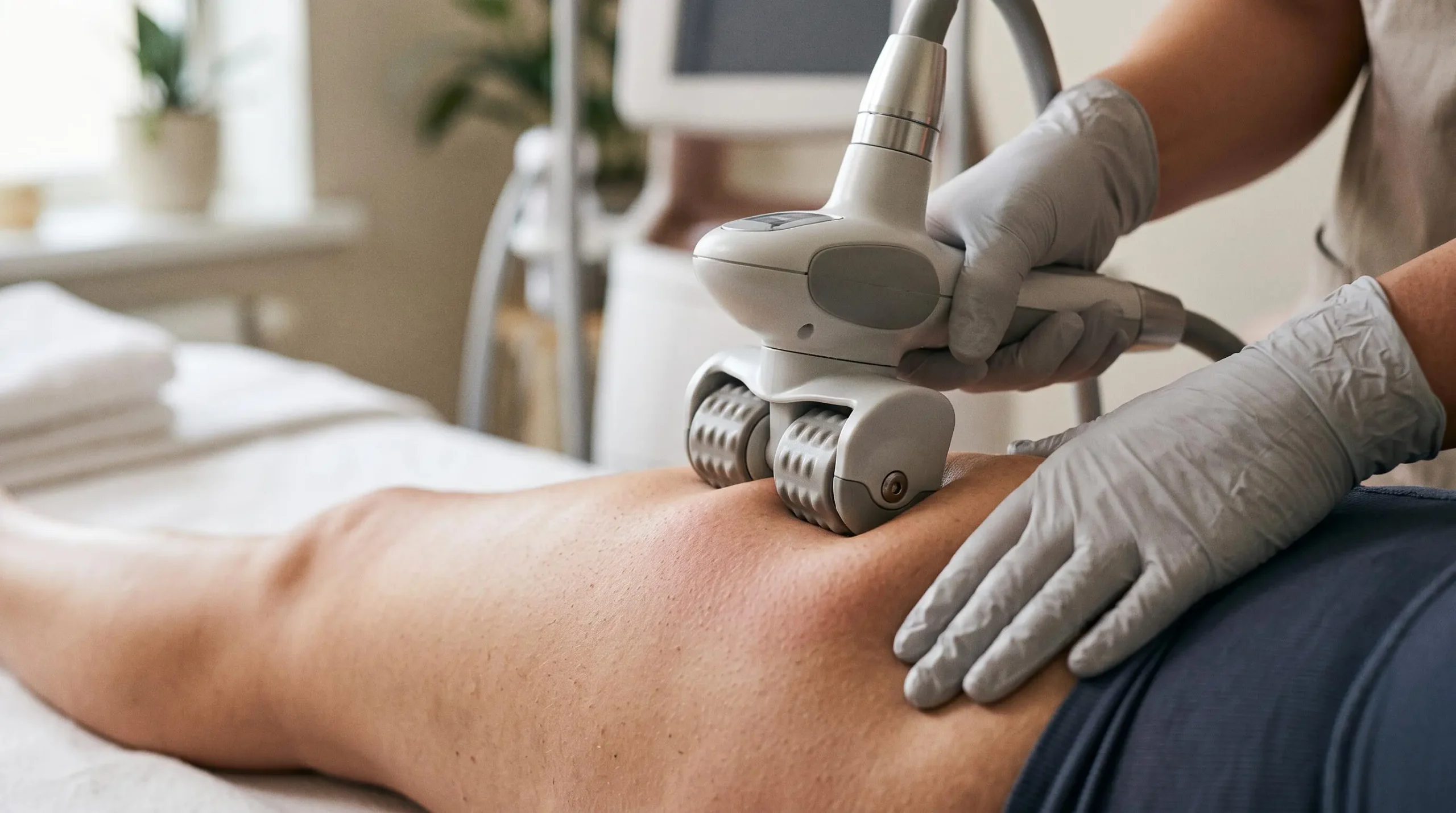 Gros plan sur la tête de traitement à rollers mécaniques soulevant un pli de peau sur la cuisse d'une patiente pendant une séance.