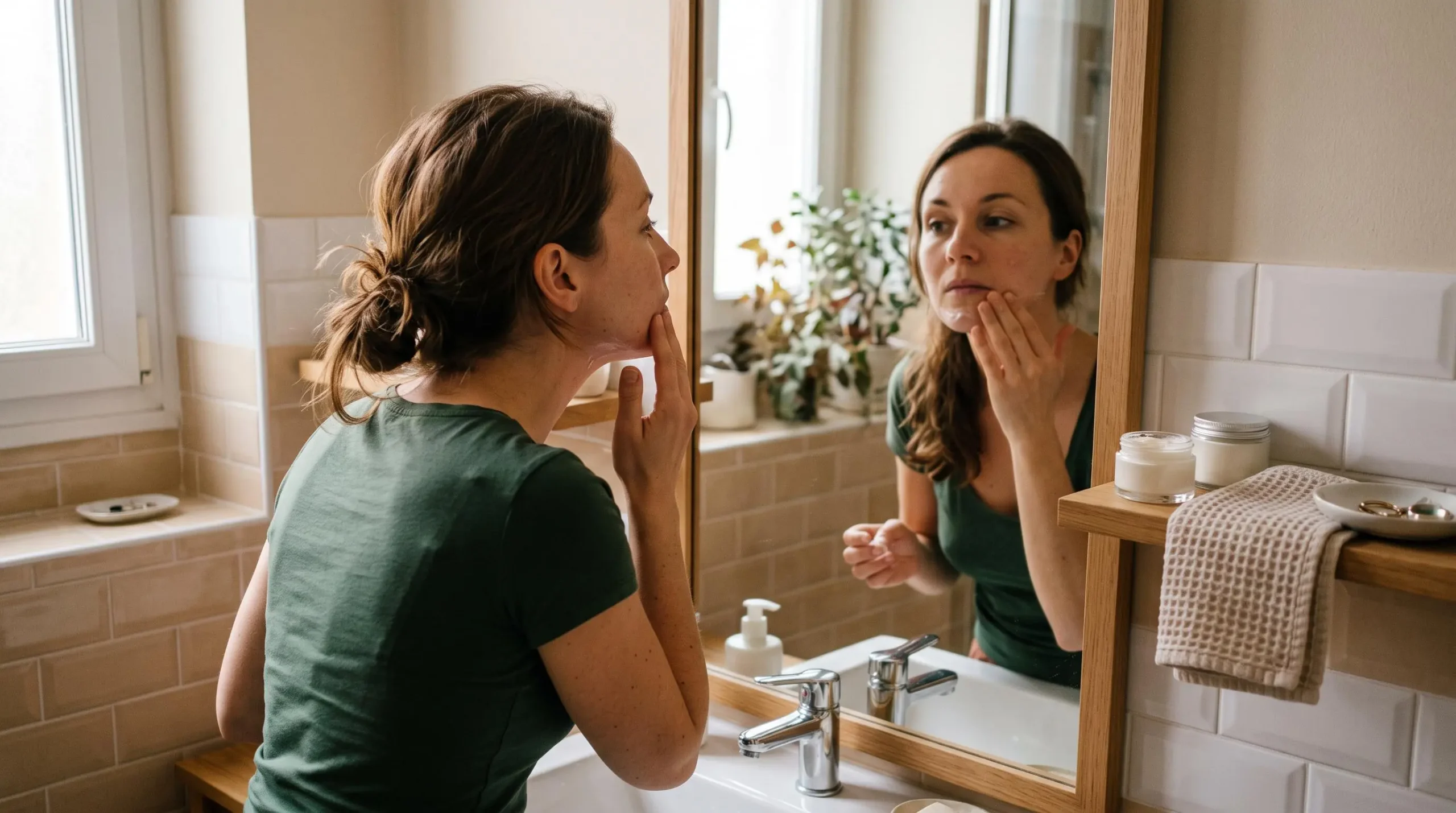 Une femme masse doucement sa joue devant le miroir de sa salle de bain en appliquant une crème du bout des doigts.